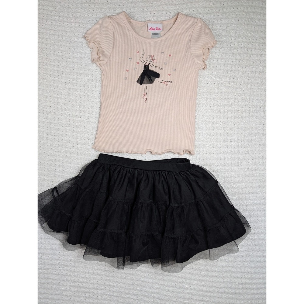 Little Lass Girls Pink Ballerina Ribbed Top and Black Tulle Tutu Skirt Set 4